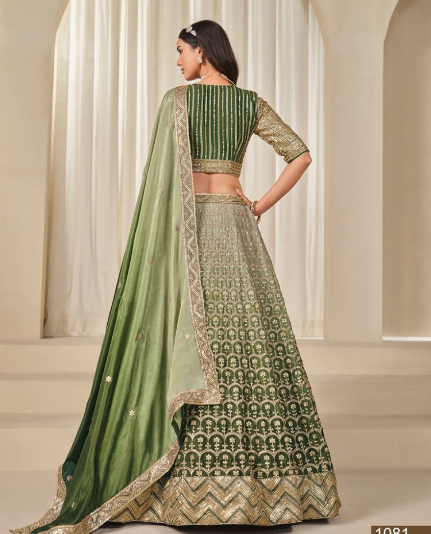 1081-green - Embroidered Work Chinon Designer Lehenga Choli in Olive for Women
